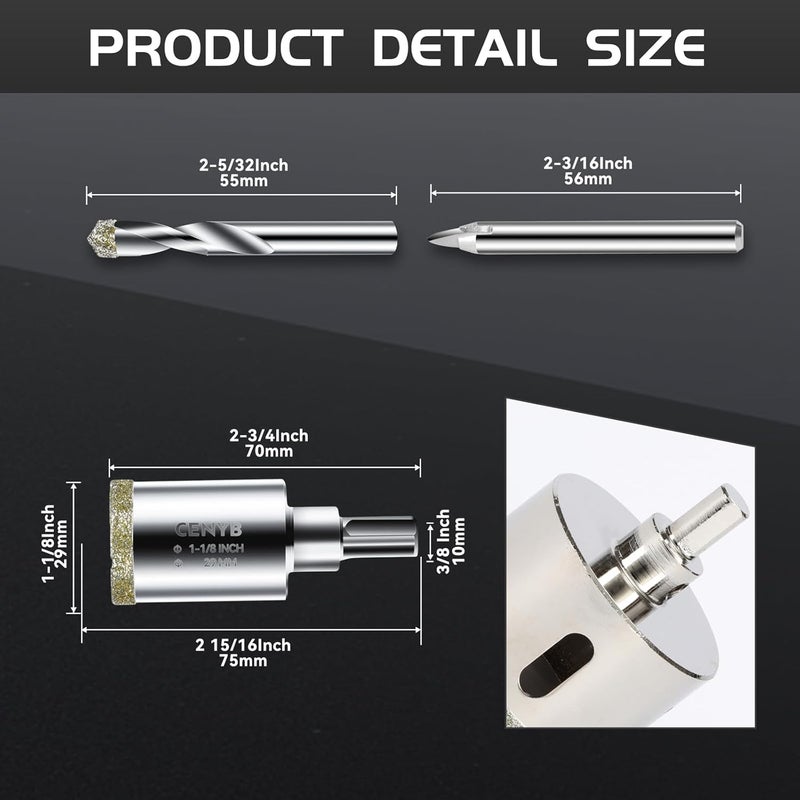 cenyb 1-1/8inch | 29mm Diamond Hole Saw with Center Drill bit and Diamond-Coated Center Drill bit for Ceramic Glass Marble Fiberglass Granite and Porcelain Tiles by - Image 2